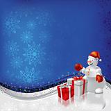 christmas greeting snowman with gifts on blue background