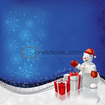christmas greeting snowman with gifts on blue background
