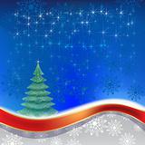 christmas tree with red ribbon on blue background