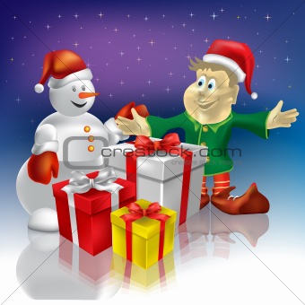 christmas snowman and dwarf with gifts