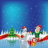 christmas tree with dwarf and snowman on blue background