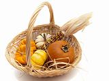 Basket of pumpkins and Indian corn isolated on white
