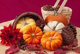 Autumn still life with pumpkins, cones, and leaves