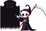 Cartoon grim reaper  pointing to tombstone