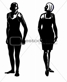 silhouette two girls on white background
