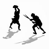 silhouette two fight primitive persons