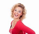 young blond woman in red top laughing - isolated on white