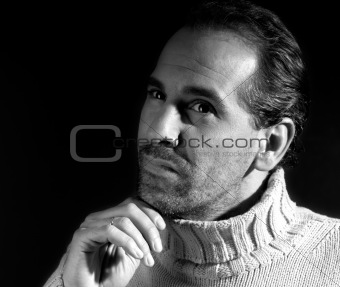 Adult man portrait thinking expression on black and white