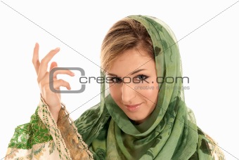 Young arab woman with veil closeup portrait isolated on white background