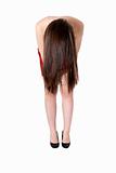 Unrecognizable young girl showing her long brunette hair isolated on white background