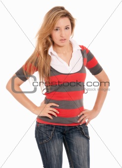 Young beautiful girl standing posing like a fashion model isolated on white background