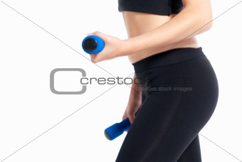 Unrecognizable young woman fitness exercise with dumbbells isolated on white background
