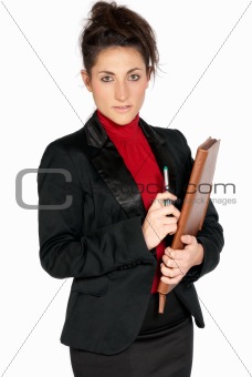beautiful businesswoman with briefcase looking to camera isolated on white background