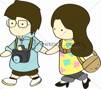 Cute boy and girl walking together cartoon vector illustration