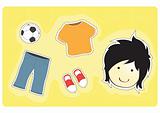 Young boy with variety of clothes for dress-up cartoon vector illustration
