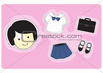 Girl student with variety of clothes for dress-up cartoon vector illustration