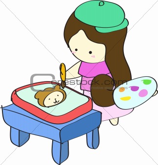 Young girl painting picture on table cartoon vector illustration