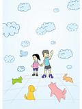 Boy and girl enjoy playing with animal in the garden cartoon vector illustration
