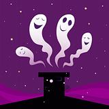 Happy Halloween ghosts flying around black chimney silhouette