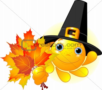 Sun with pilgrim hat holding autumn leaves