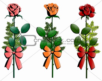 three small bouquets of roses decorated with ribbons