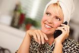 Attractive Smiling Caucasian Woman Talking on Her Cell Phone.