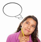 Hispanic Teen Aged with Pencil and Blank Thought Bubble Isolated on a White Background - Contains Clipping Paths.