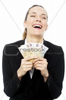 businesswoman holding banknotes on white background studio