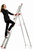 young businesswoman with cellphone on a ladder on white background studio