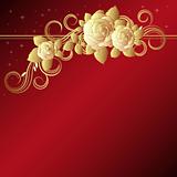 Red background with golden roses, vector illustration.
