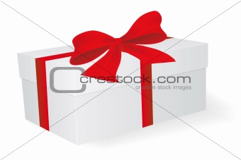 White box with red ribbon