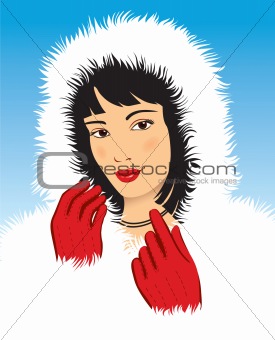 young beautiful woman in a white fur coat