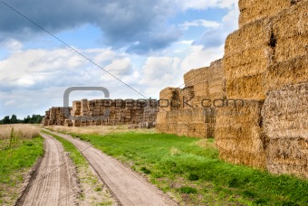 Haystacks bales in countryside
