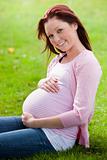 Beautful young pregnant woman sitting on the short grass
