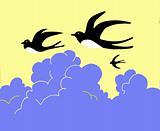 vector drawing swallow flying to cloudy sky