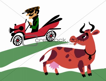 vector illustration of the old-time car on field