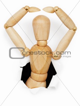 Wooden man leaned out of hole