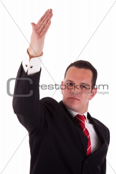 businessman waving, isolated on white background, studio shot