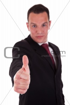 Young businessman with thumb raised as a sign of success, isolated on white background. studio shot