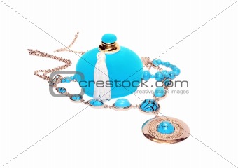 Blue gift box and beads isolated on white