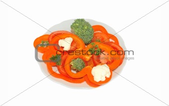 fresh ripe vegetables and herbs on plate isolated on white