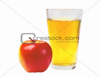 Glass of apple juice and red apple isolated on white