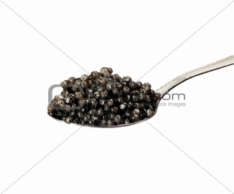 teaspoon with balck caviar isolated on white