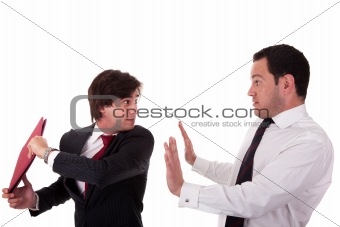 two businessmen discussing because of work, very stressed, isolated on white background. Studio shot.