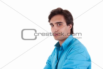 Handsome man, with blue shirt, isolated on white background. Studio shot