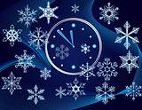 Christmas background with a clock and snowflakes