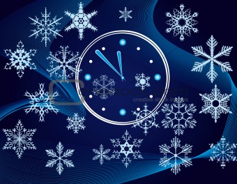 Christmas background with a clock and snowflakes