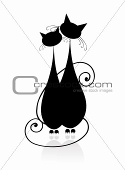 Couple cats sitting together, black silhouette for your design