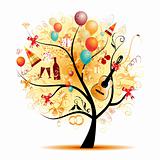  Happy celebration, funny tree with holiday symbols 