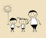 Happy family smiling together, father and children, drawing sketch 